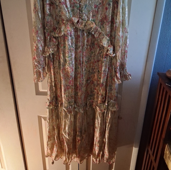 HEMANT & NANDITA Cream Floral Maxi Dress with Pink and Green Detail - Picture 7 of 8